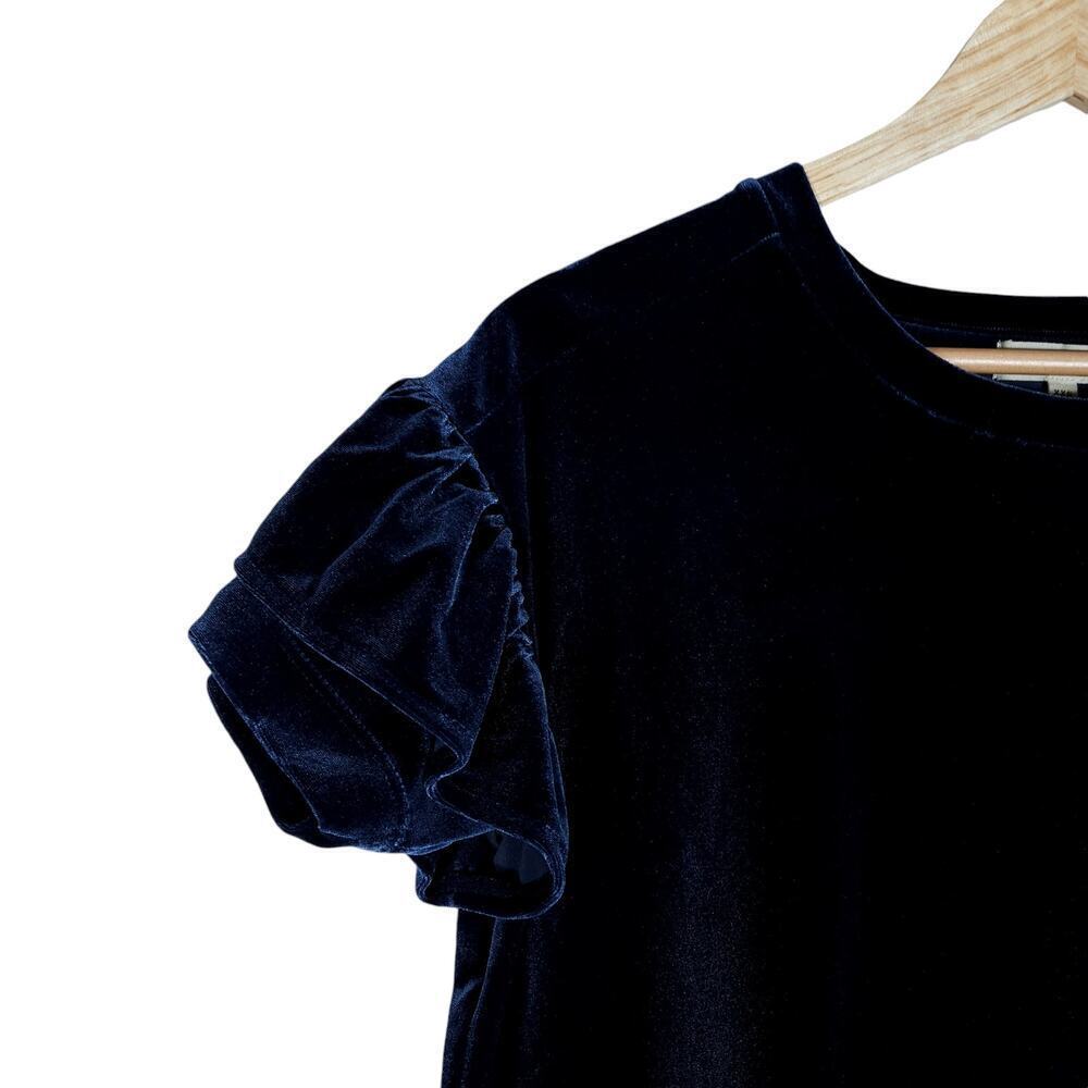 Madewell Womens Tee XXS Dark Blue Velvet Short Ruffle Sleeve Crew Neck Chic Top - Picture 3 of 12